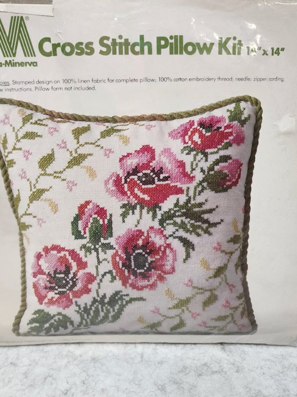 Vintage 1977 Columbia Minerva Colonial Poppies Cross Stitch Pillow Kit